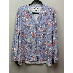 Nine West Jeans Top Womens XL Floral Linen Button Up Blouse Blue Orange